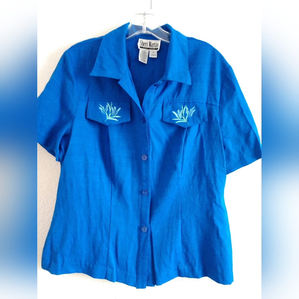 Vintage Sheri Martin Short Sleeve Top Shirt Blouse Blue Floral Size 12 Chest 36"